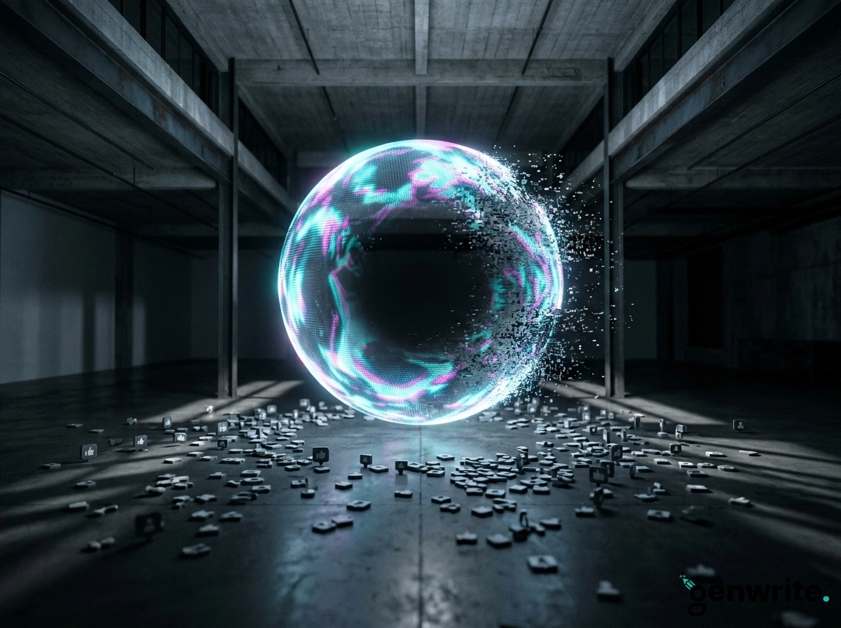 Glowing digital sphere in a warehouse, representing the limits of generative AI advertising.