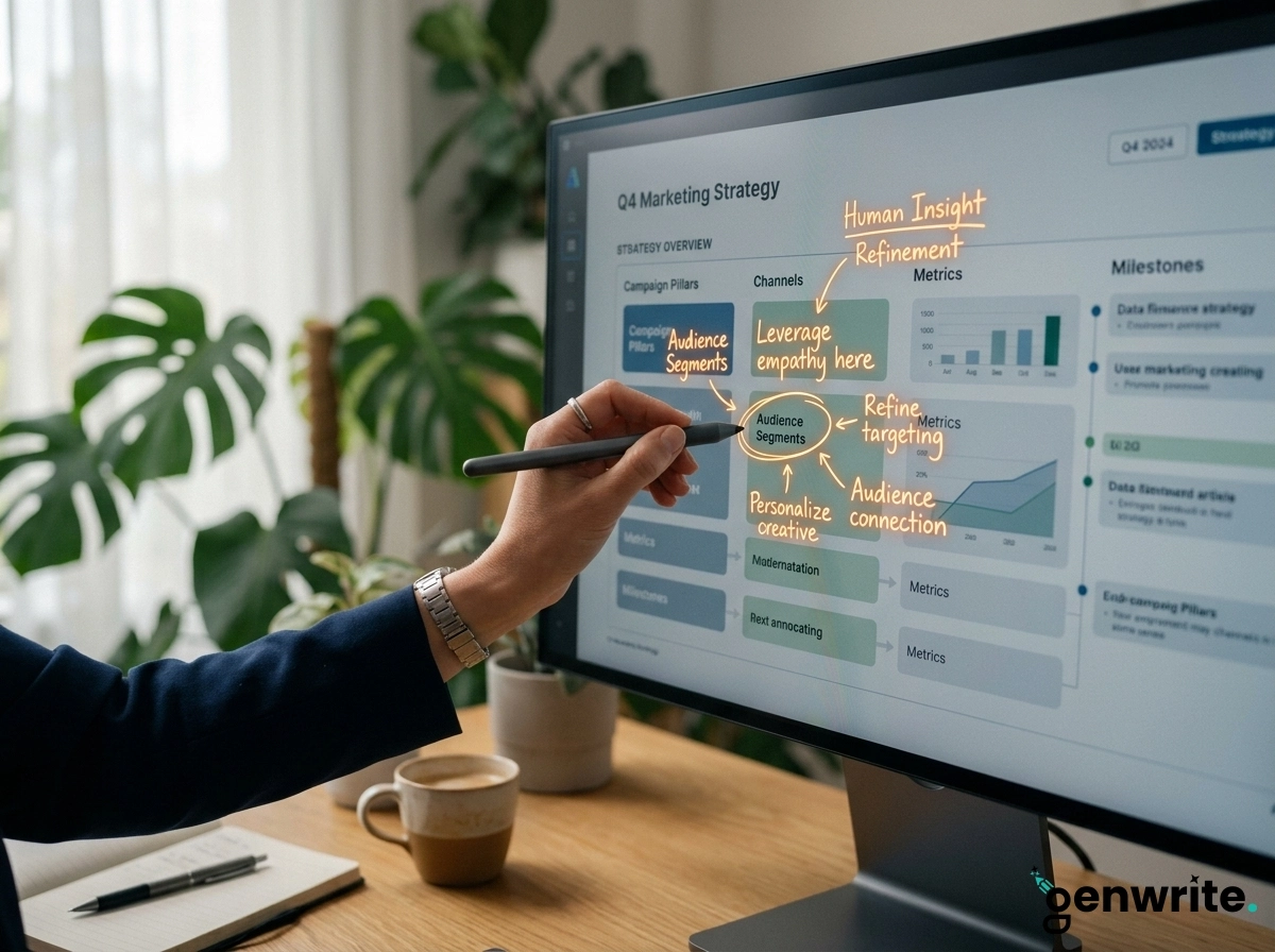 Person using AI content marketing software to refine a Q4 marketing strategy with human insight.