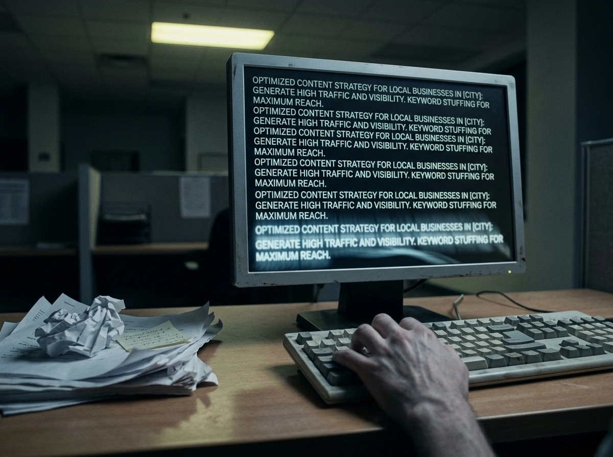 A computer screen showing poor local SEO content creation workflow and keyword stuffing.