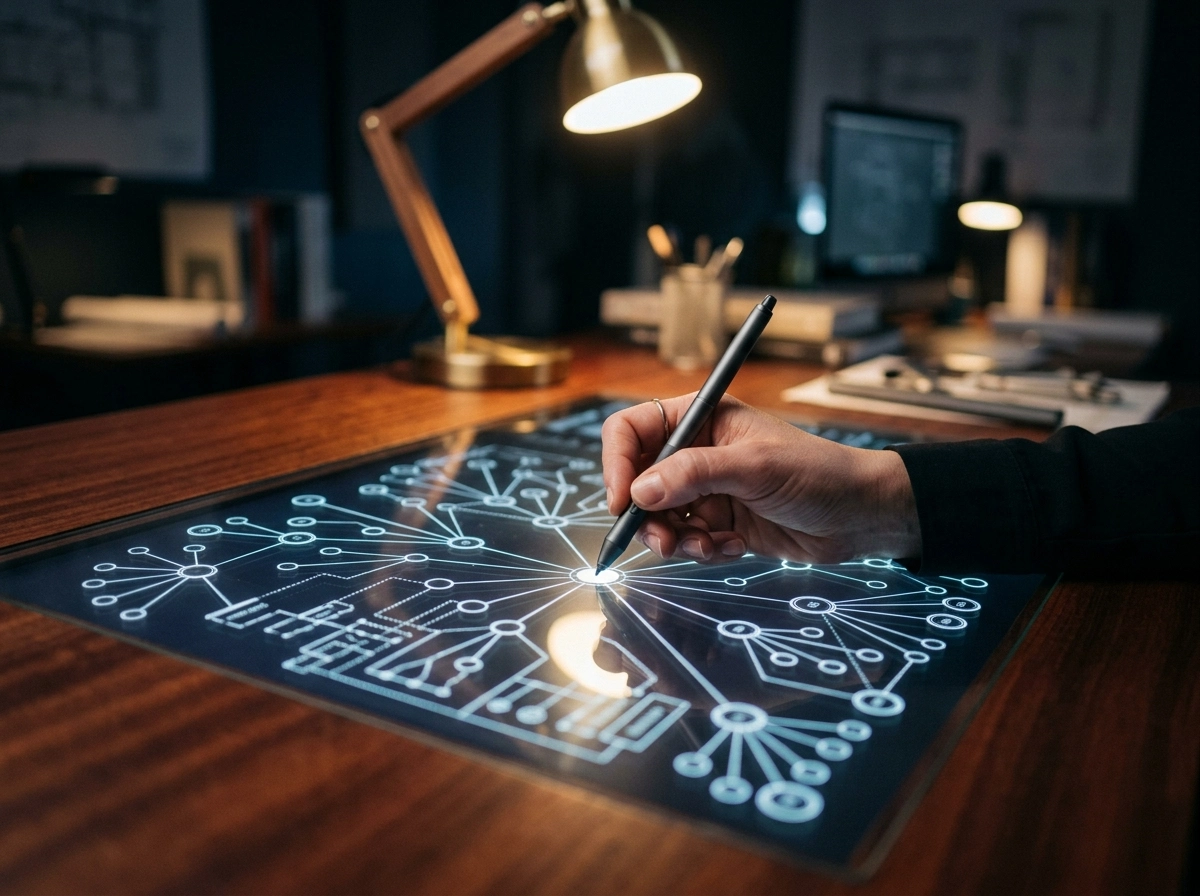 Hand using a stylus on a digital interface to refine an AI article writer content creation workflow.
