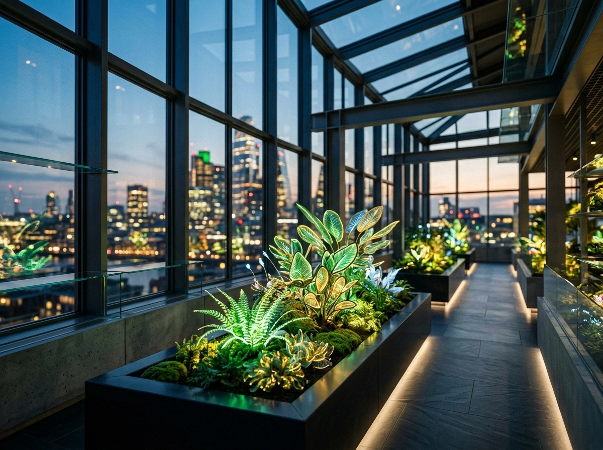 Modern office with indoor plants overlooking a city, representing successful local search ranking.