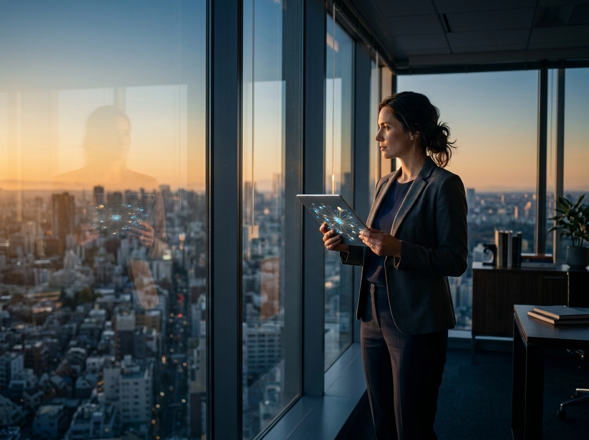 Professional using an AI article writer to improve local search ranking at sunset.
