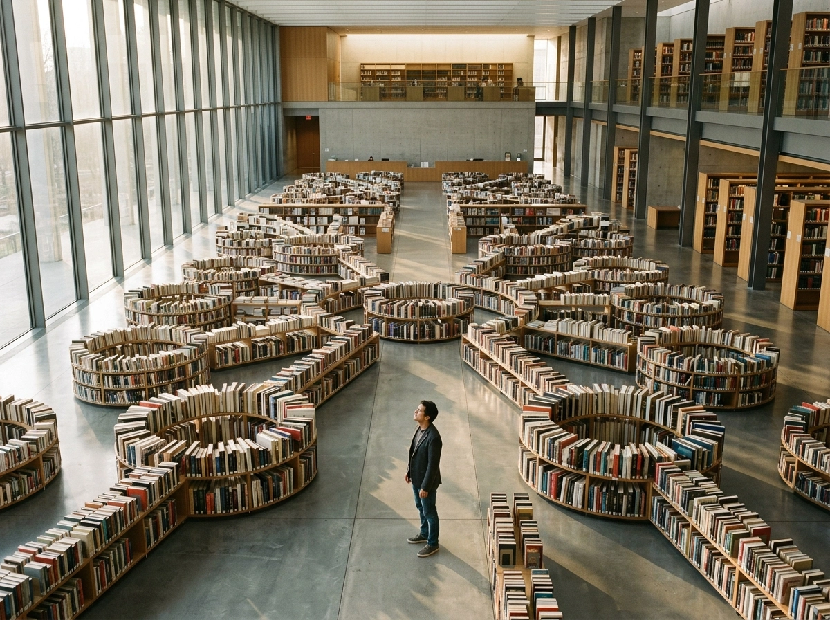 A person standing in a vast library, symbolizing the depth of content writing AI and topical authority.