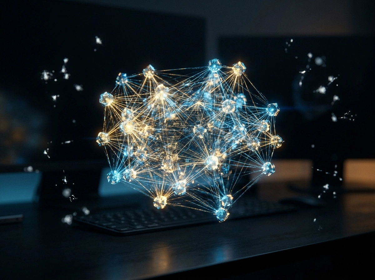 A glowing digital network representing semantic search tools for building topical authority.