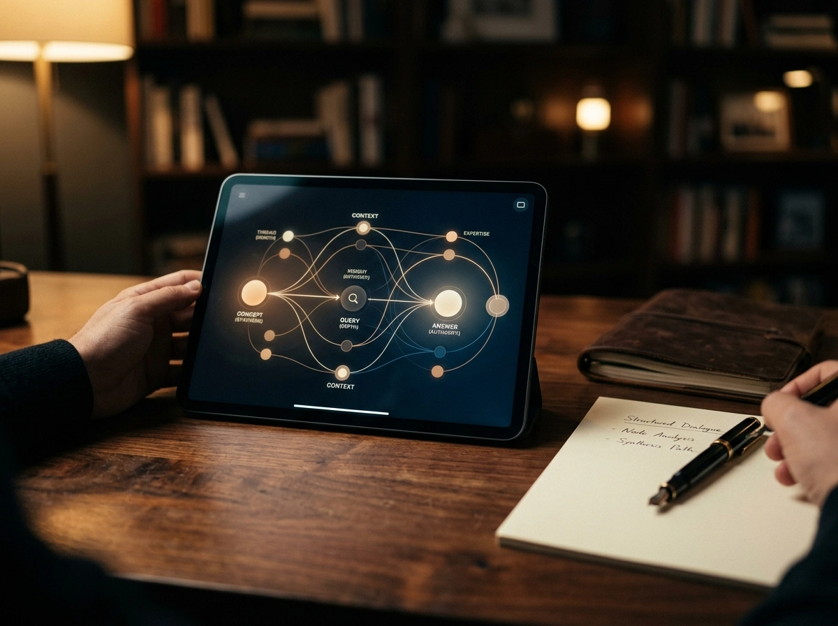 A tablet displaying a content writing AI map, illustrating how automated blog software builds expertise.