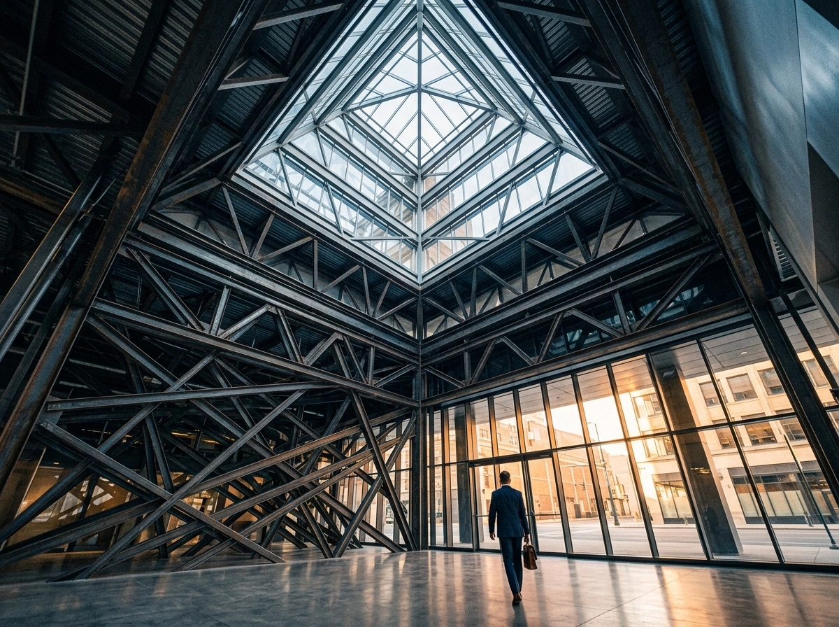 Businessman walking in a modern building using an automated content creation tool for topical authority.