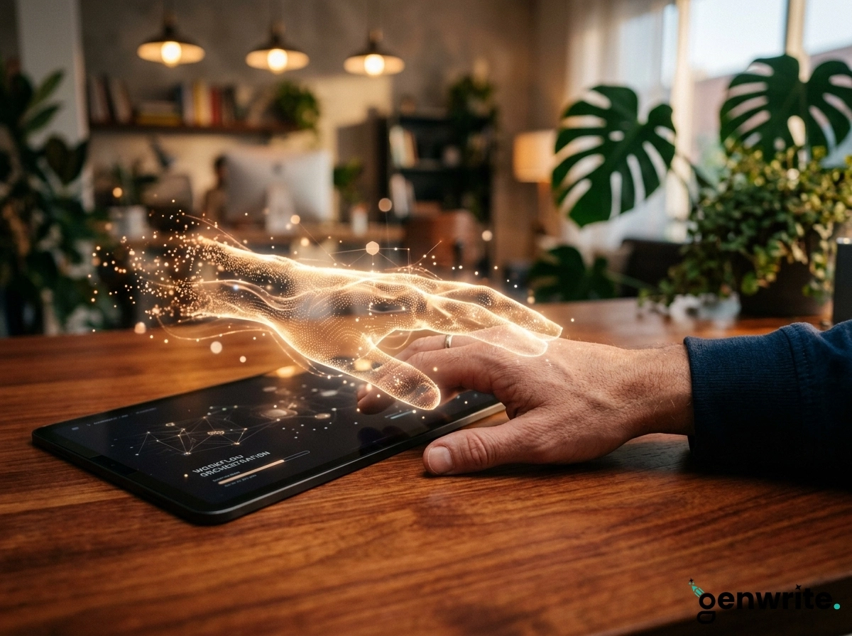 Hand interacting with AI marketing workflows on a tablet for content creation.