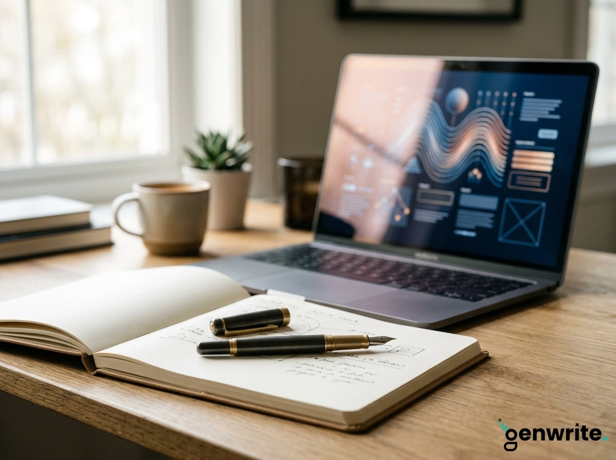 A laptop displaying data analytics, representing an AI writing assistant for marketers.