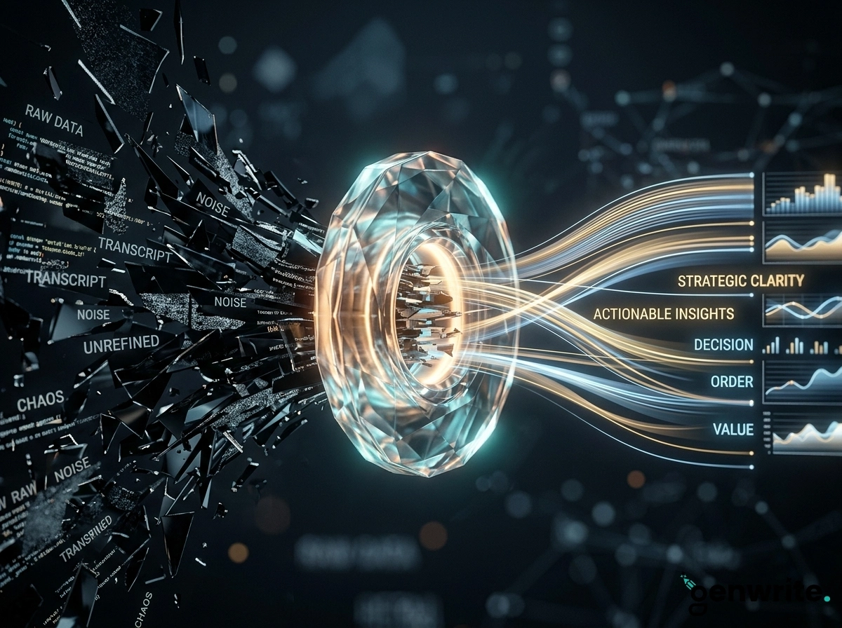 Abstract visualization of AI marketing workflows turning raw data into actionable insights.