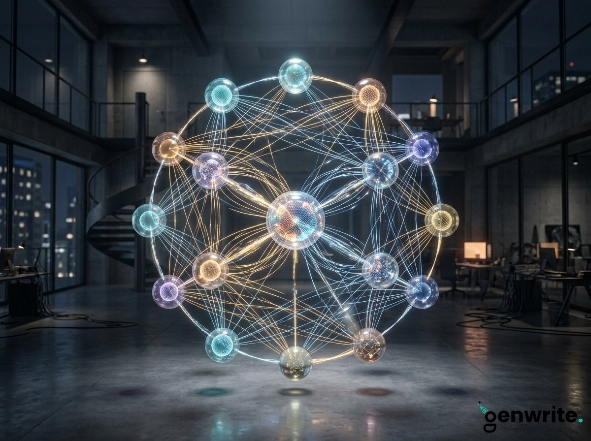 Glowing AI network spheres representing efficient AI marketing workflows in an office.