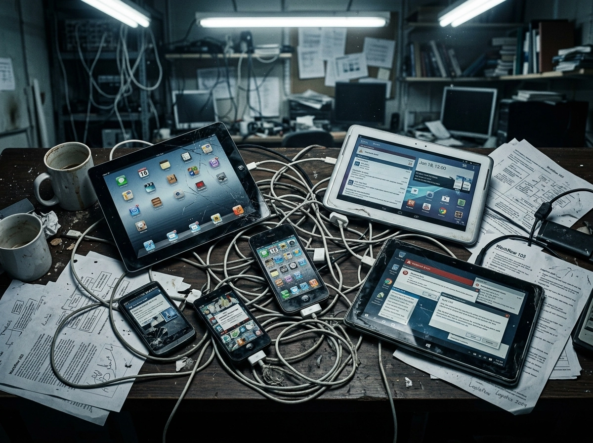 A cluttered desk with multiple devices representing the chaos of inefficient content marketing automation.