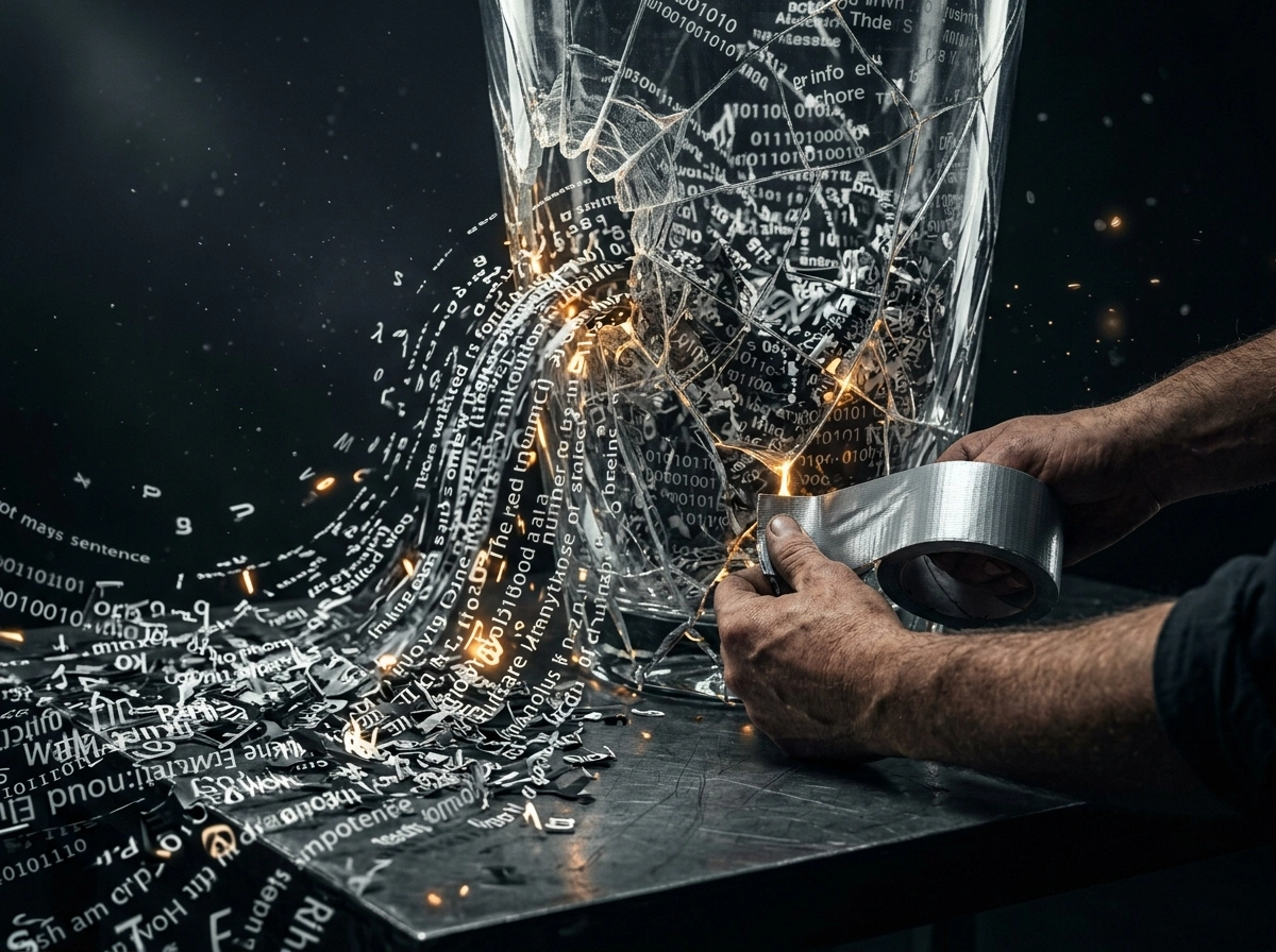 Hands repairing broken glass with tape, representing content quality control in AI content software.