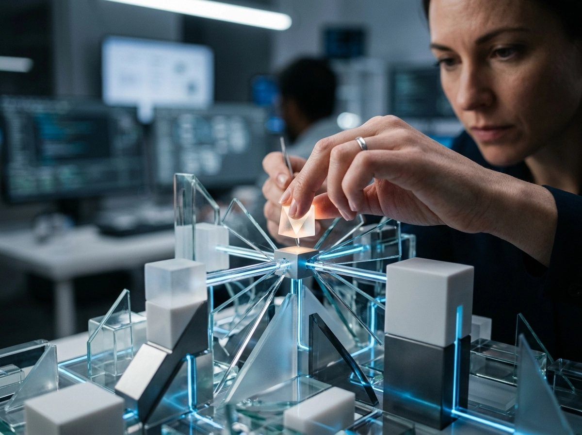 A professional refining a complex structure, symbolizing automated workflow efficiency in AI writing.