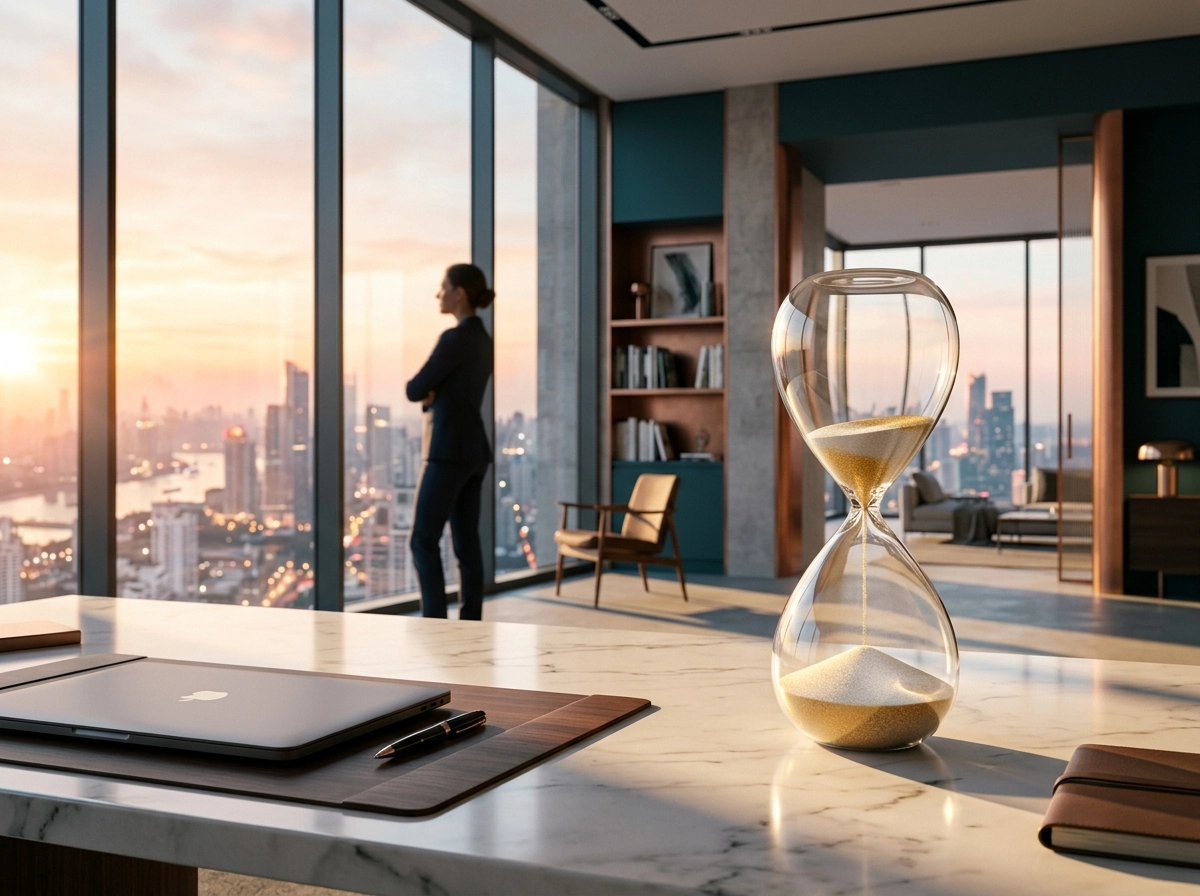 Hourglass on a desk, representing automated workflow efficiency and time saved with AI content software.