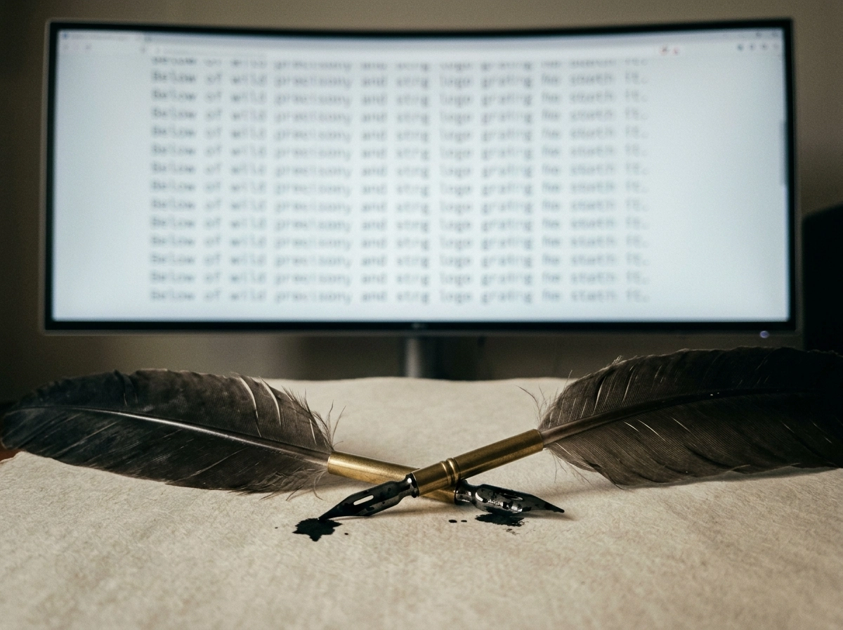 Quill pens before a computer screen for avoiding robotic content and SEO writing tips.