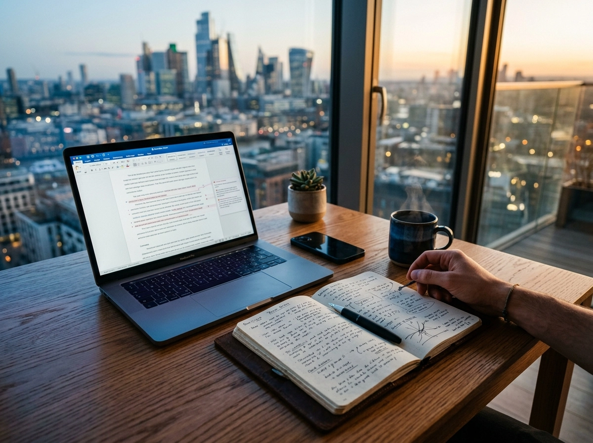 Person editing AI content on a laptop for natural sounding text with a city view.