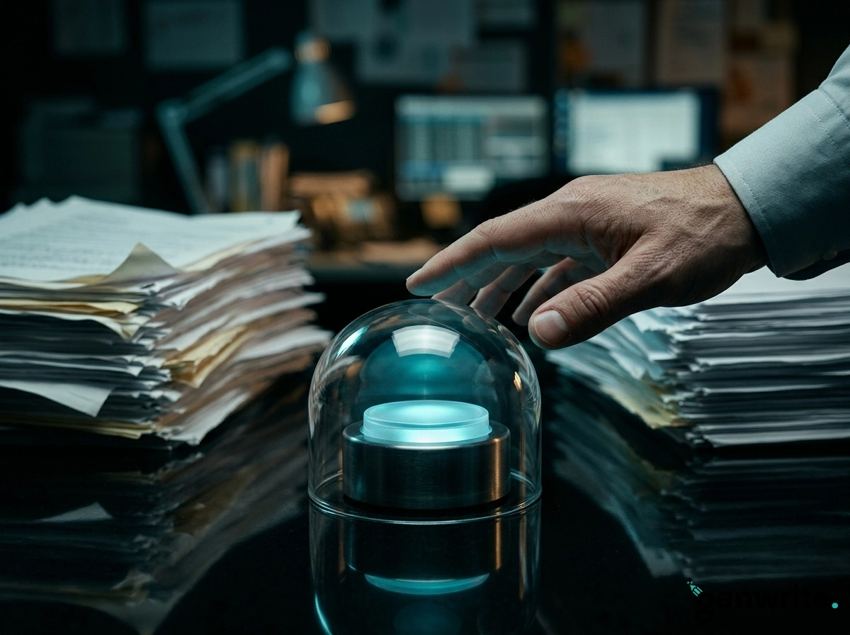 A hand pressing a button for automated content creation and marketing efficiency.