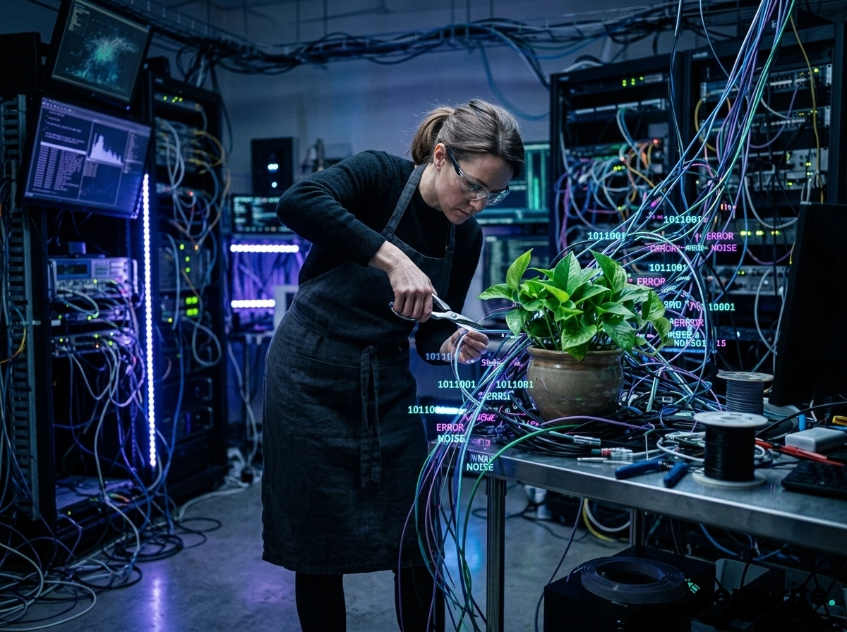 Technician pruning server cables, representing challenges with AI writing tools for marketing teams.