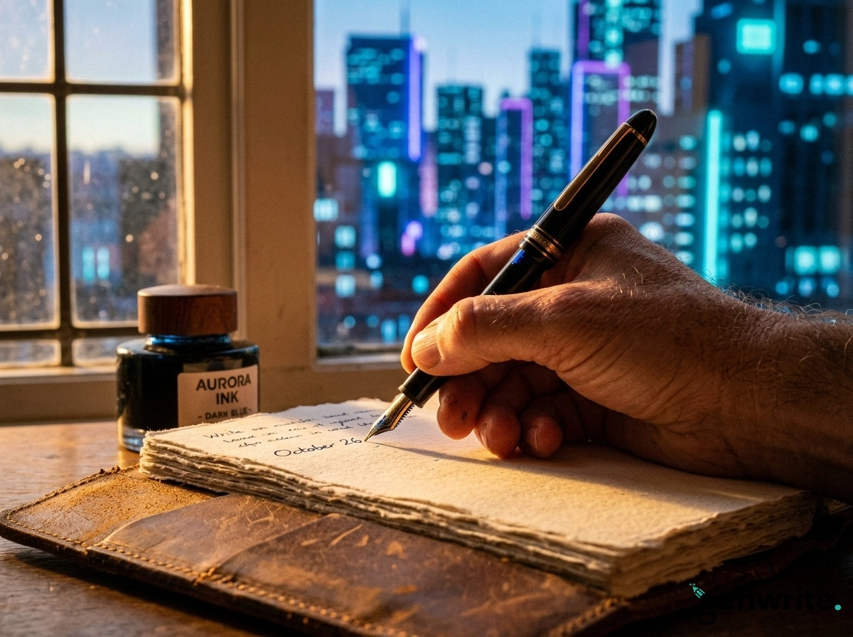 Hand writing with a fountain pen, contrasting manual craft with automated content creation.