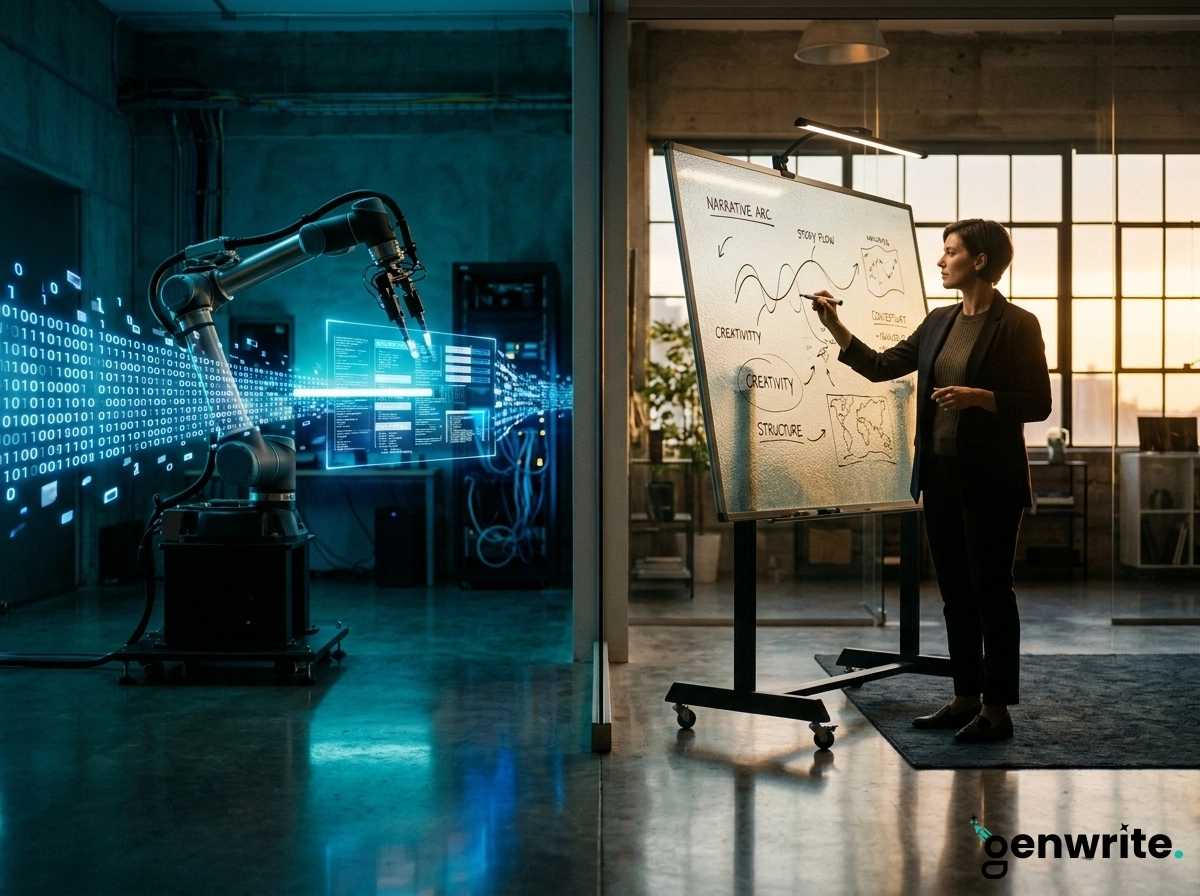 A professional using an AI writing assistant for marketing strategy and automated content creation.