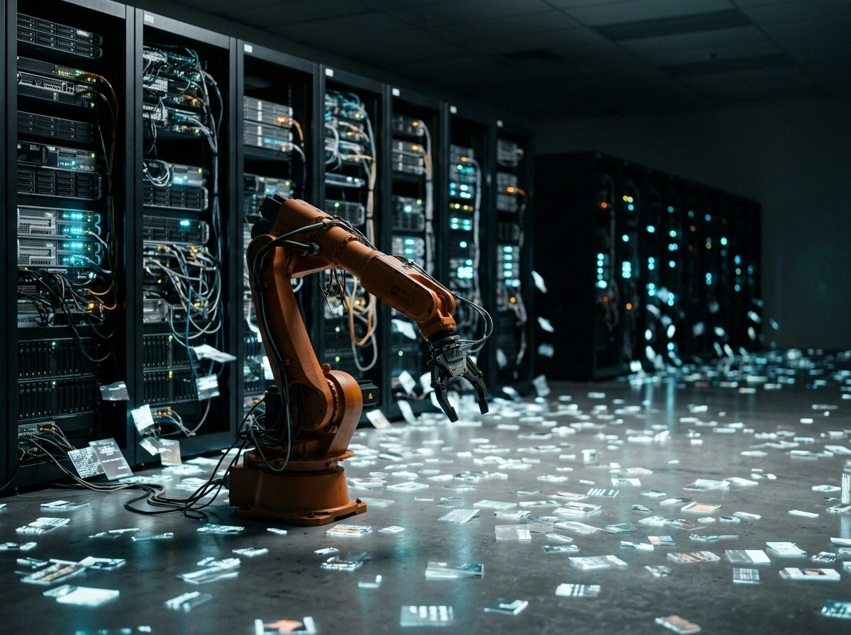 A robotic arm in a server room representing ai content generation and automated seo software challenges.