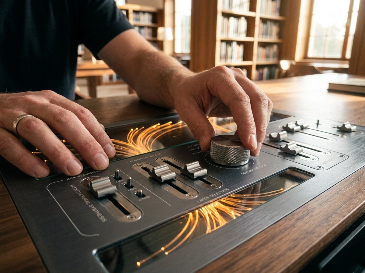 Hands adjusting an automated seo blog writer console for manual content control.