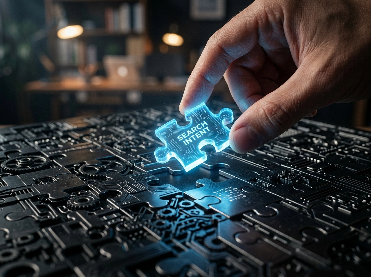 Hand placing a search intent puzzle piece, symbolizing human-like AI content and SEO writing tools.