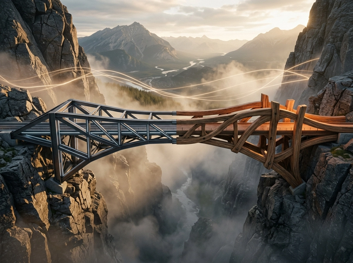 A bridge connecting technology and nature, symbolizing human-like AI content for SEO writing tools.