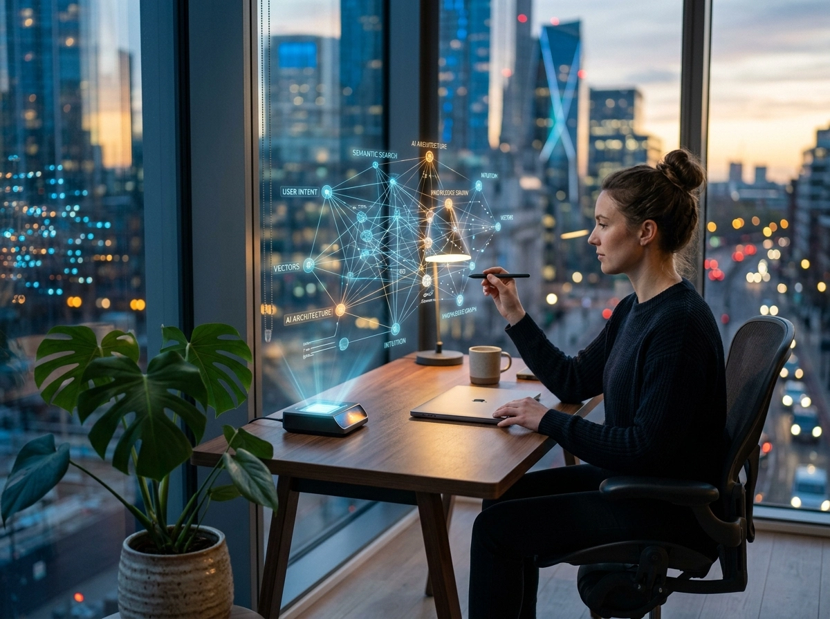 Woman using an AI writing assistant to analyze semantic search intent for SEO friendly drafting.