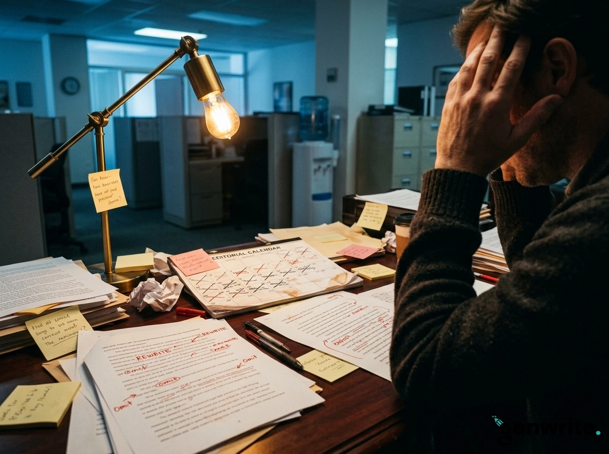 Stressed editor needing an automated article generator to improve efficiency in digital marketing.