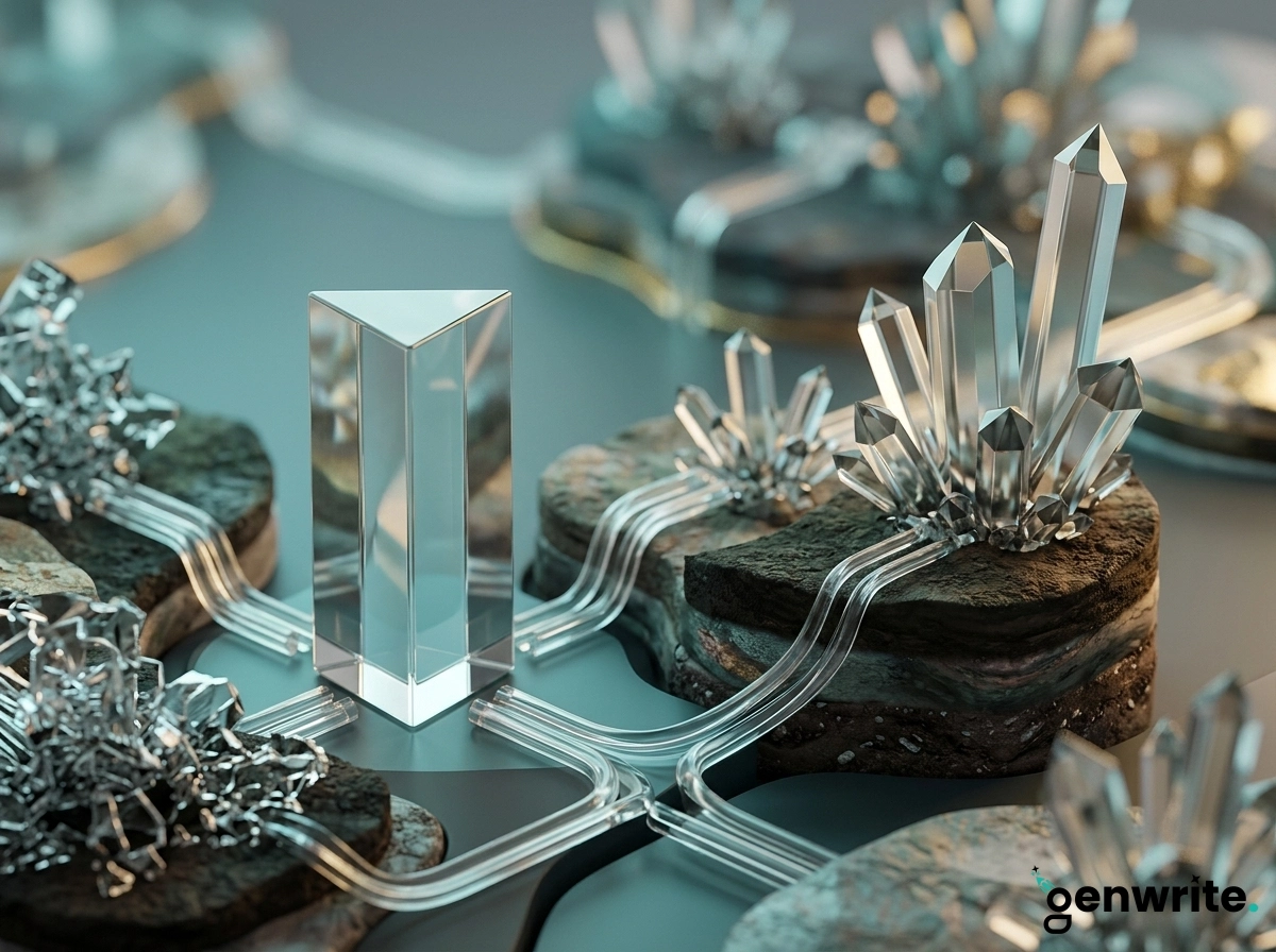 Crystal structures connected by light paths, representing an efficient AI article writer system.