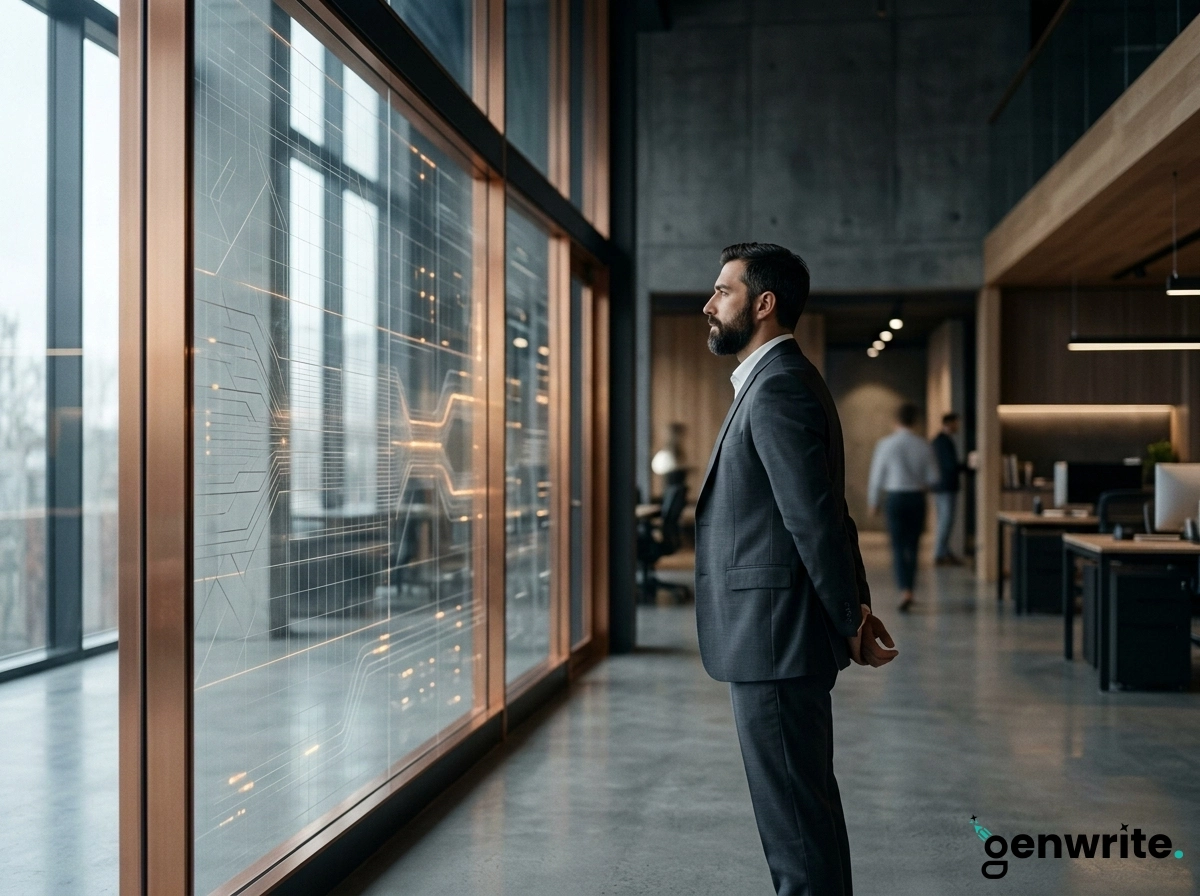 A businessman observing a digital interface, symbolizing automated content creation and efficiency.