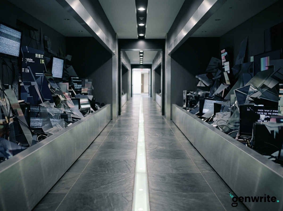 Futuristic hallway with screens representing an AI article writer for efficient content creation.