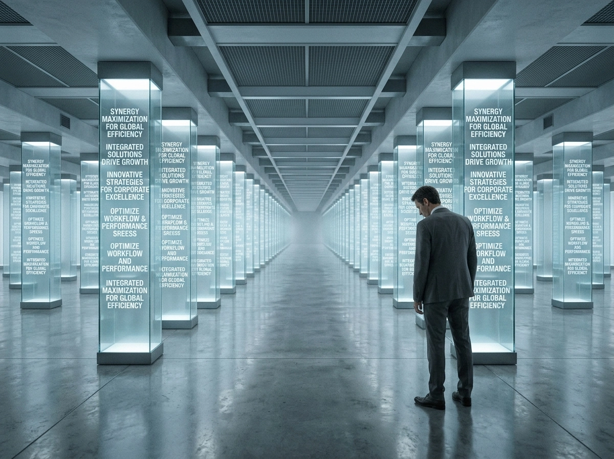 A man in a suit standing in a hall of AI generated marketing text, showing brand alignment issues.