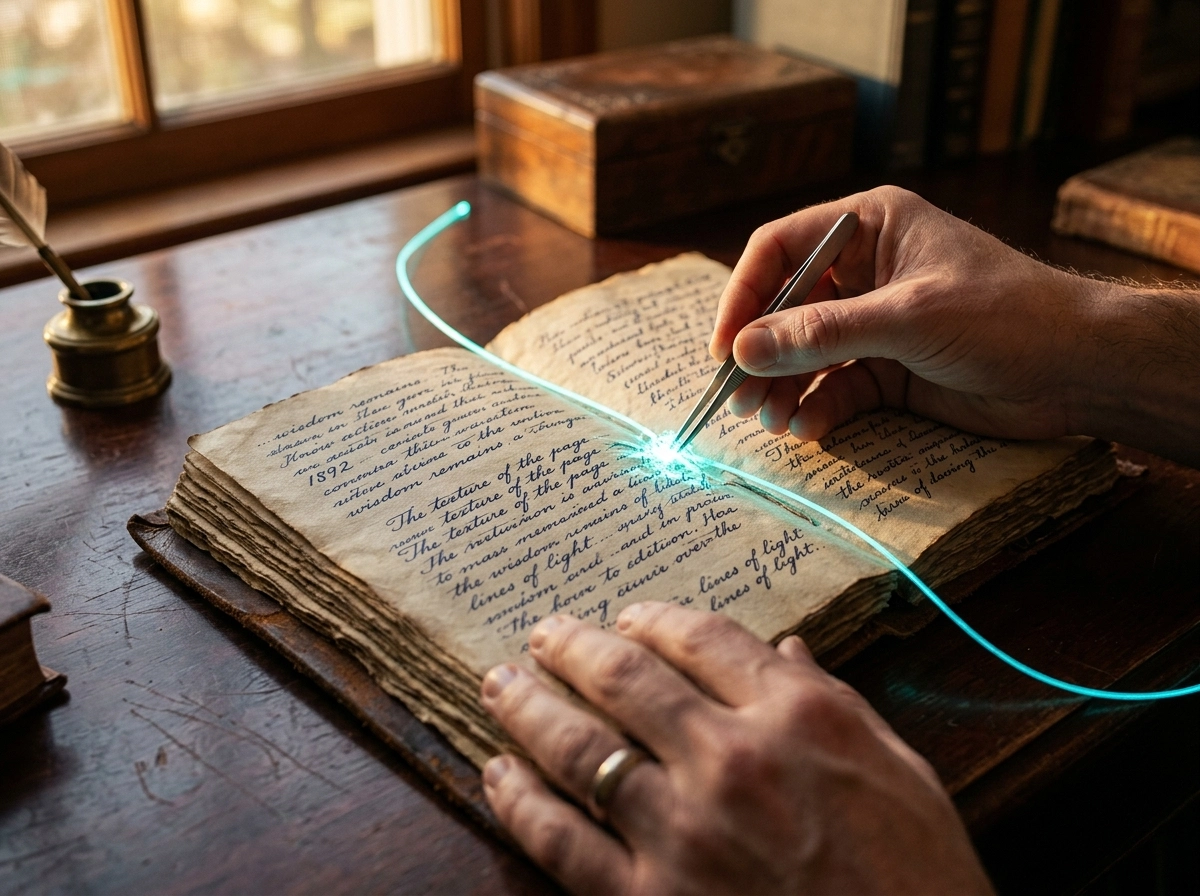 Hands using tweezers to refine an old book, representing AI content marketing tool brand alignment.
