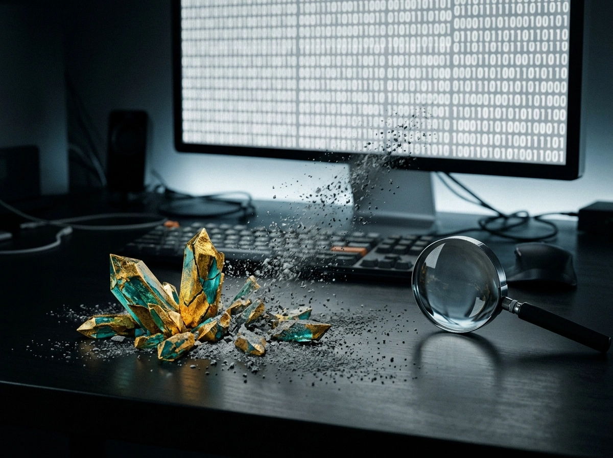 A magnifying glass examines digital crystals, symbolizing the analysis of AI generated marketing content.