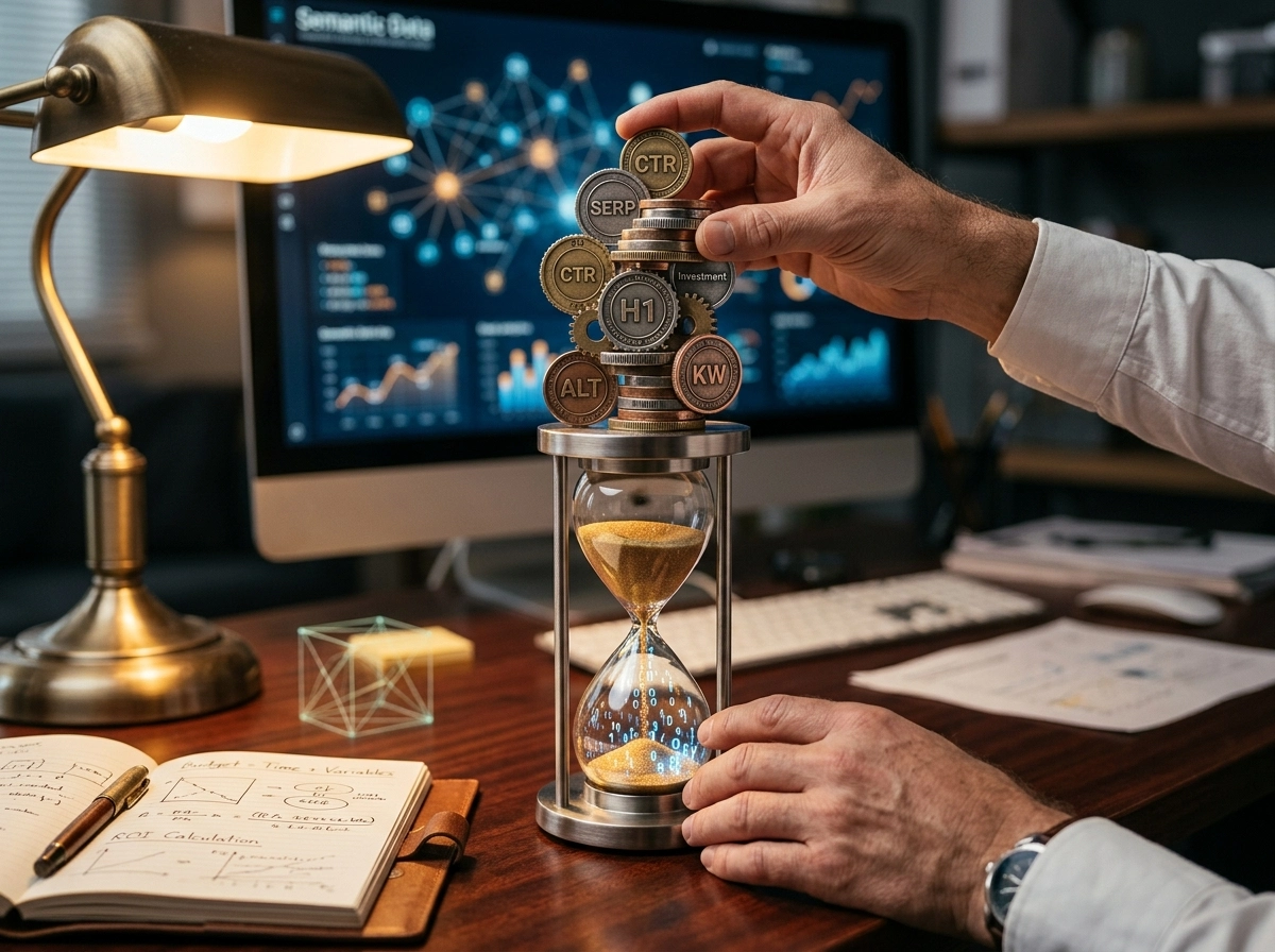 Person balancing coins on an hourglass to represent seo writing cost and budget.
