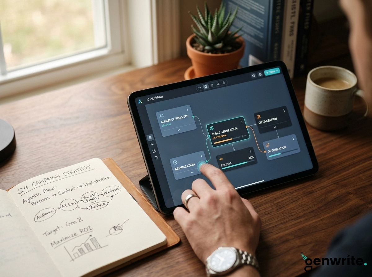 Person using AI powered marketing automation software on a tablet to manage campaign workflows.