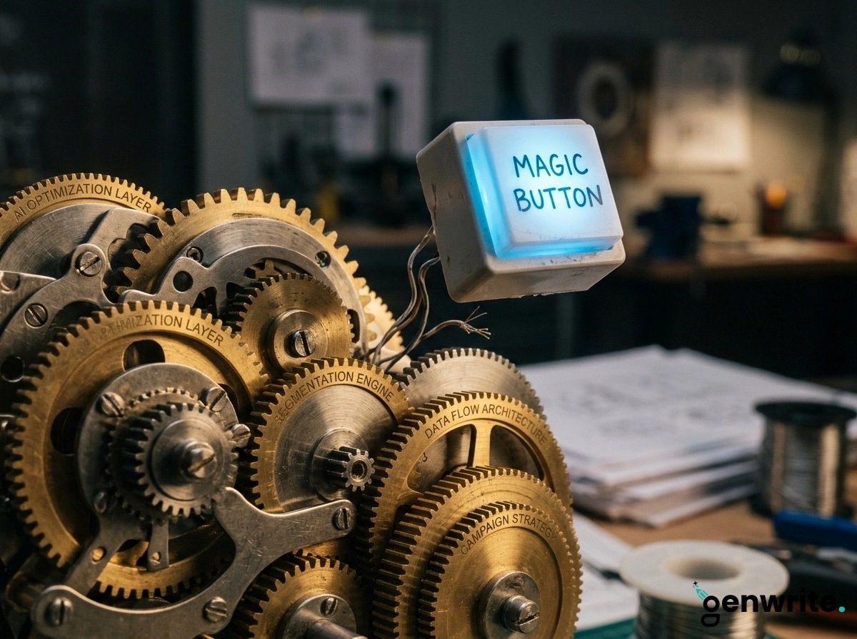 A glowing magic button connected to gears representing AI powered marketing automation tools.