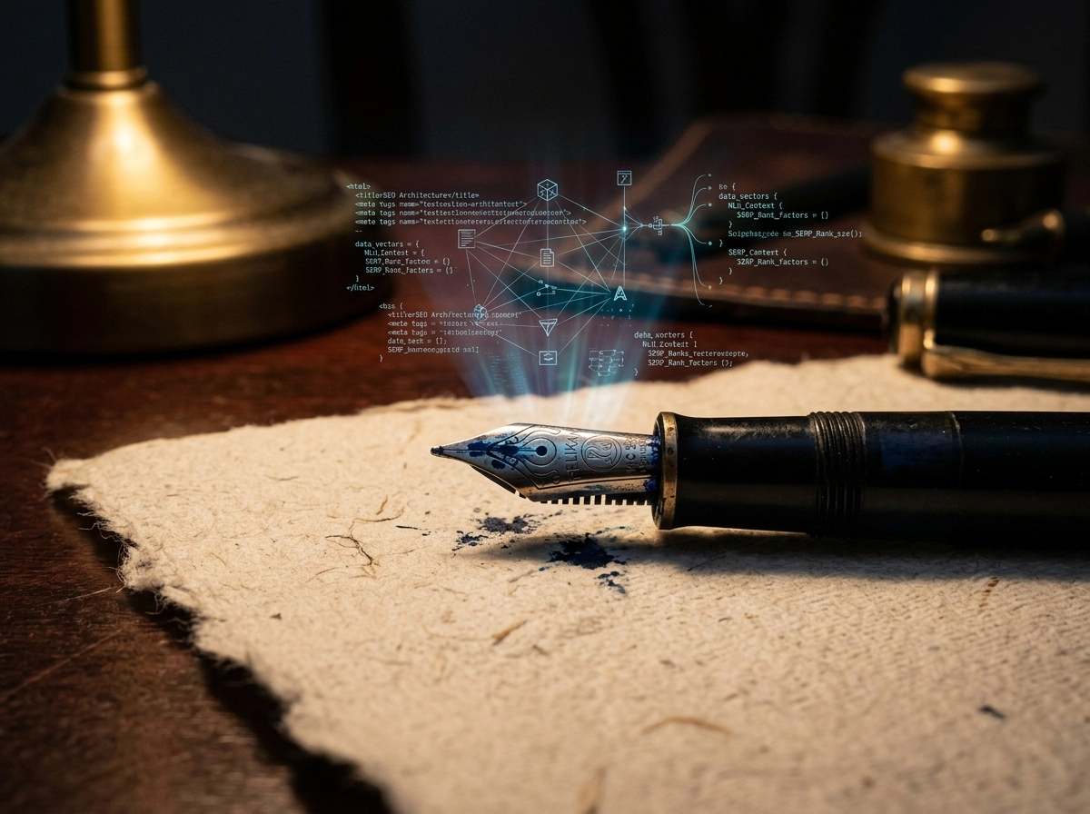 A fountain pen with digital code, representing the best AI writing tools for SEO.