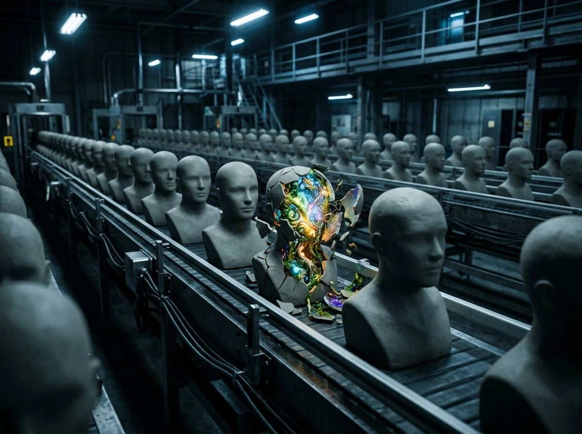A factory conveyor belt with one unique, glowing AI text generator head among identical gray busts.