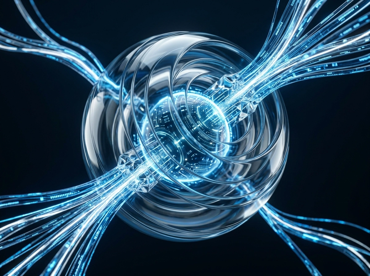 A glowing digital sphere representing advanced AI writing tools and complex data processing.
