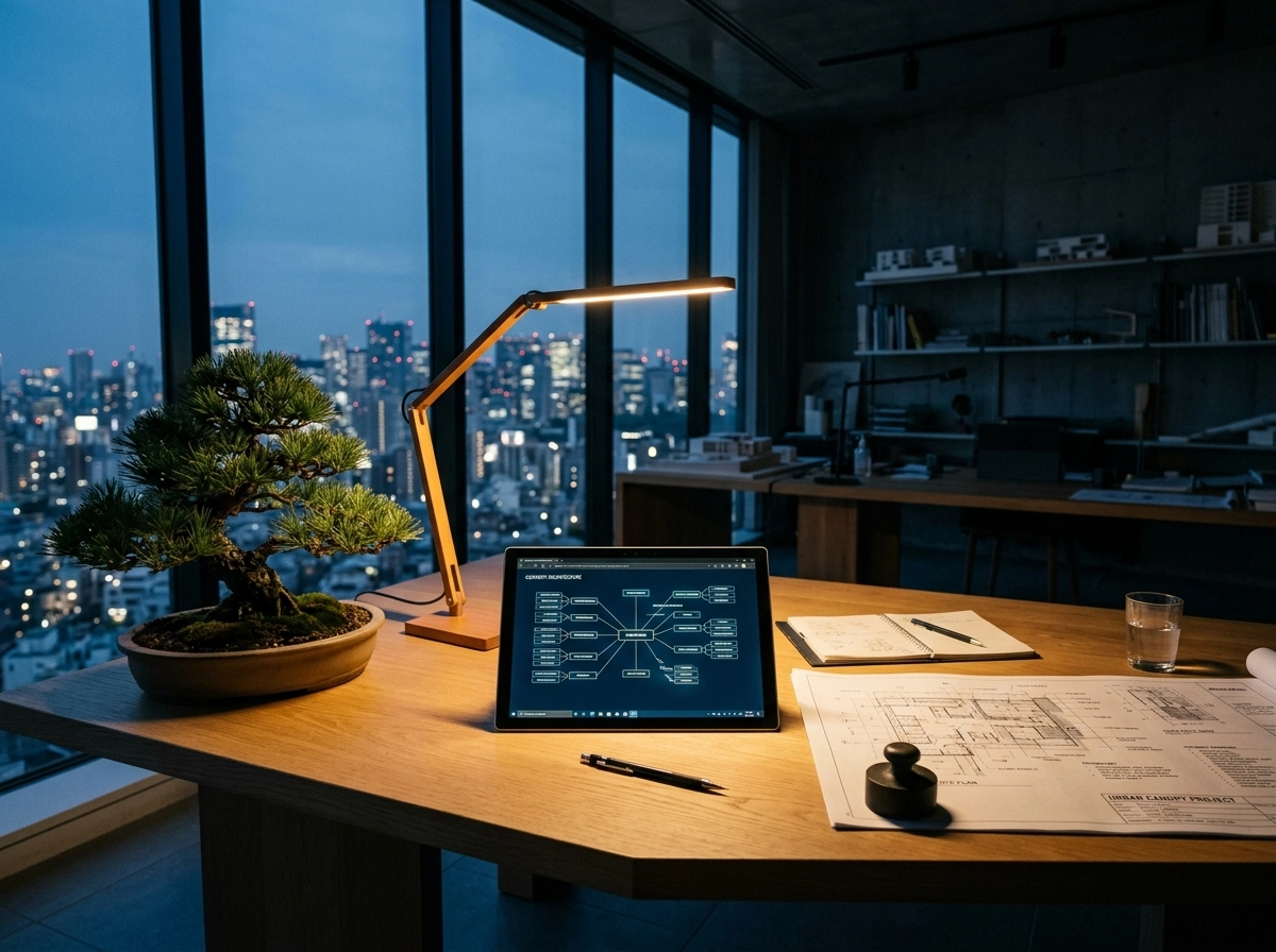 A desk with an AI writing tool on a tablet, overlooking a city at night.