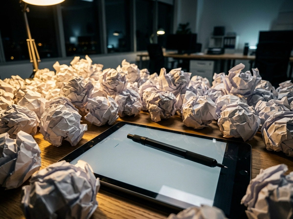 Crumpled paper balls surrounding a tablet, showing why an ai writer tool improves content creation.