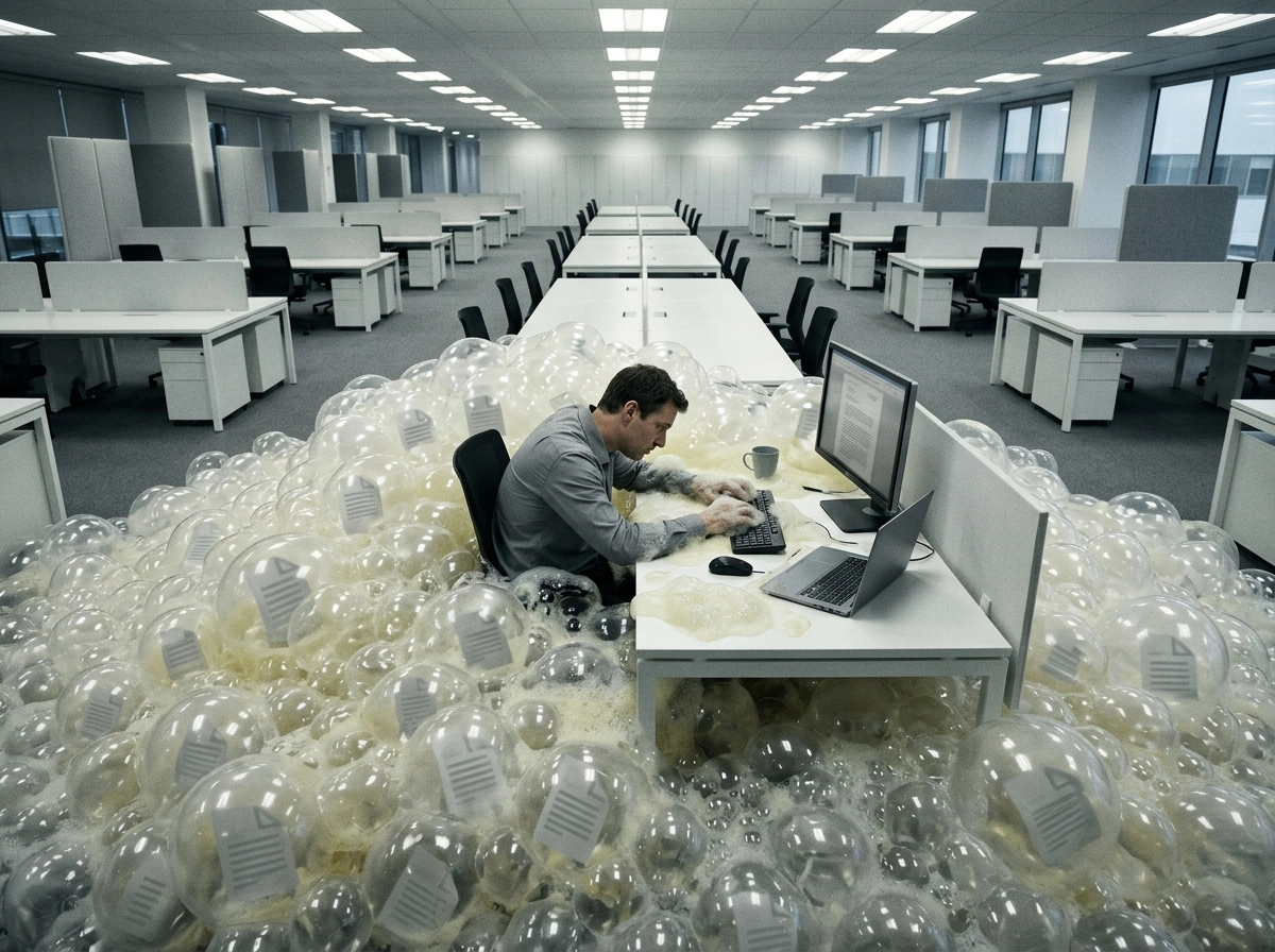 Man overwhelmed by bubbles from an AI content generator in an office.