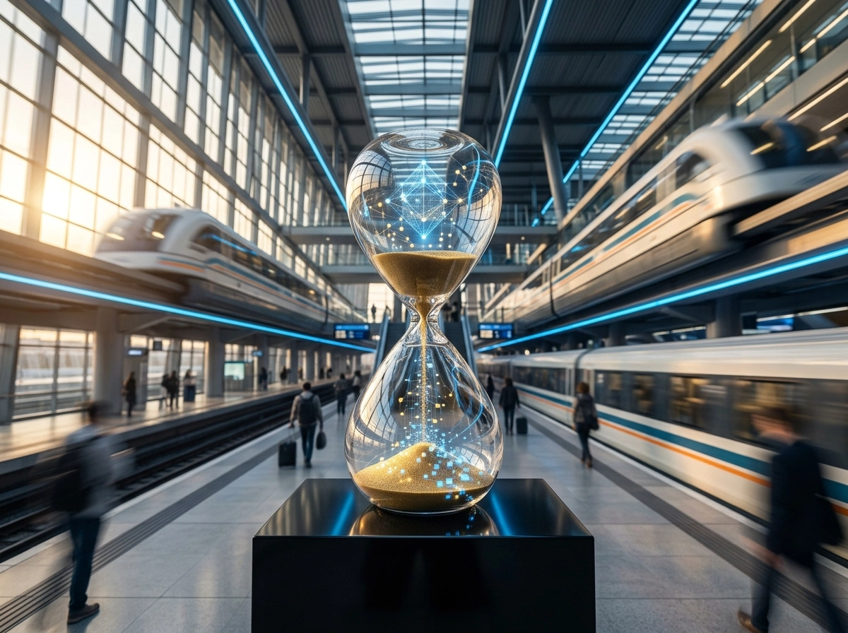 An hourglass with digital particles representing an AI copywriting software at a busy train station.
