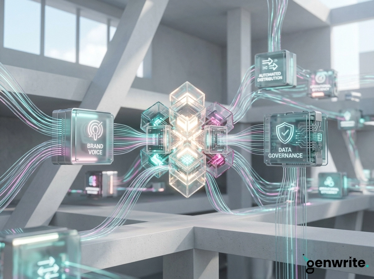 Glowing digital cubes representing content marketing automation and AI writing assistant workflows.