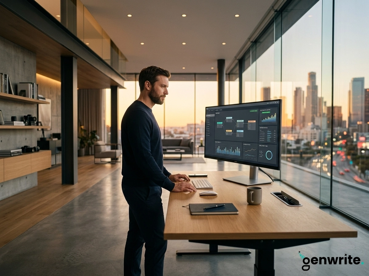Marketer using AI copywriting software to improve content creation efficiency in a modern office.