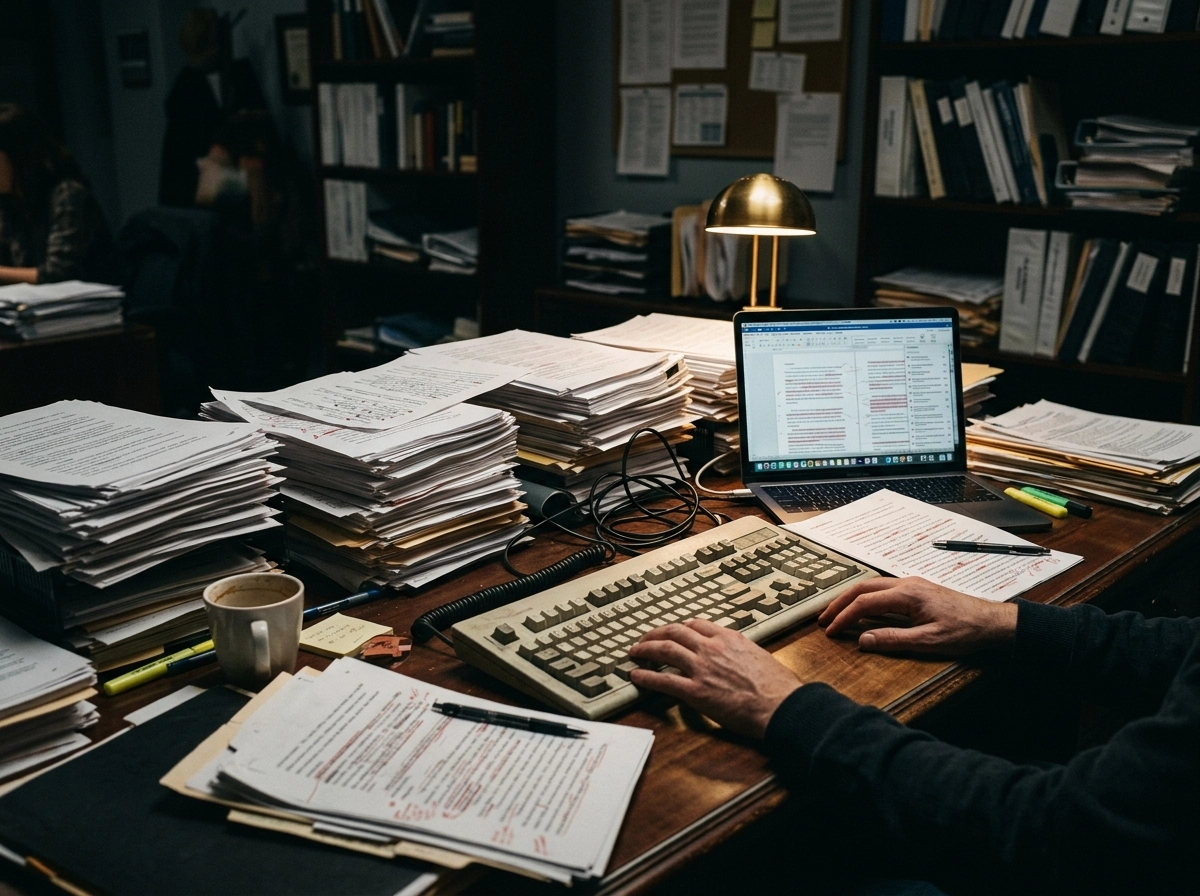 A cluttered desk showing the need for AI copywriting tools to improve digital marketing automation.