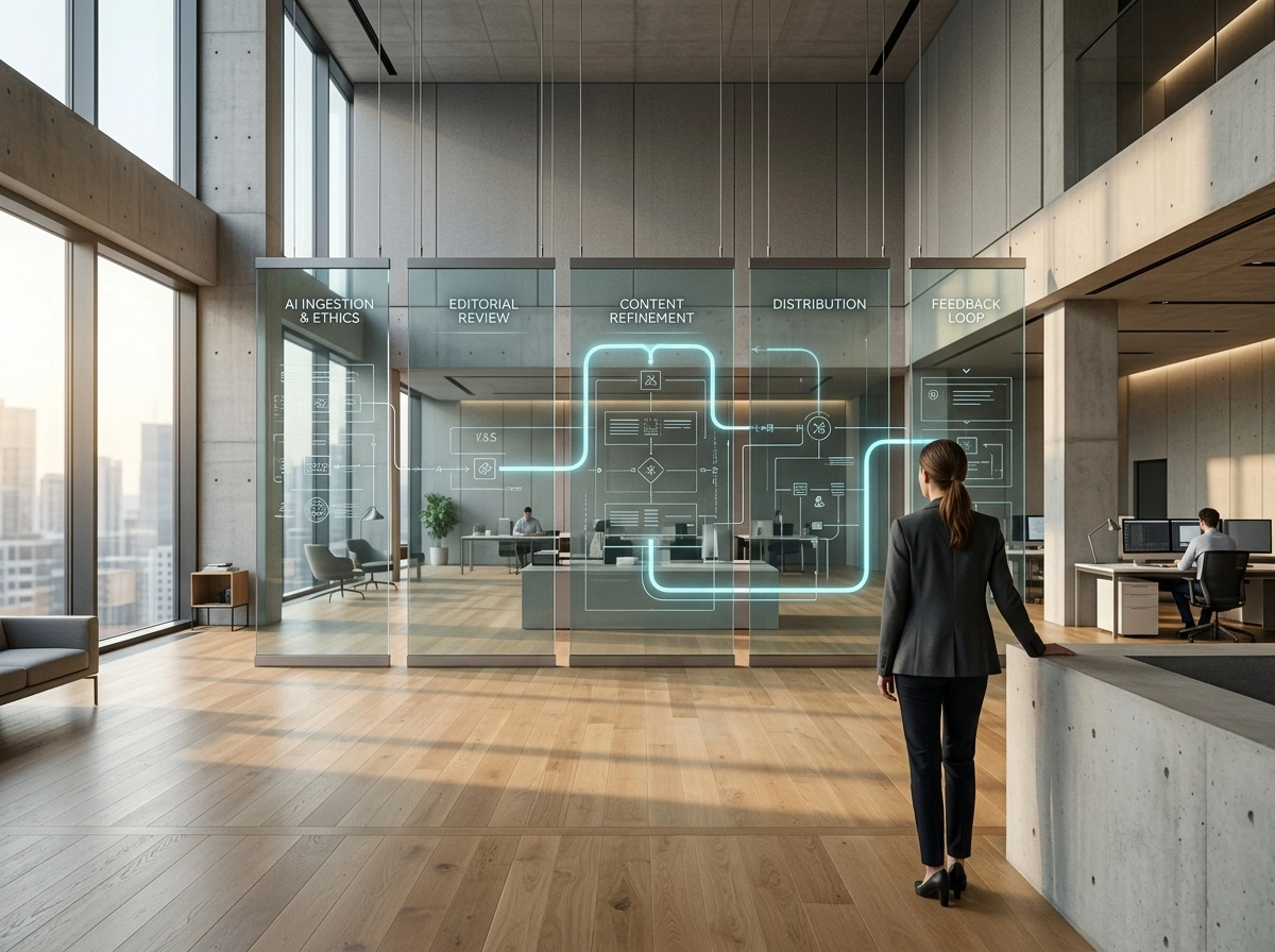 Professional viewing an AI content marketing tool workflow diagram in a modern office.